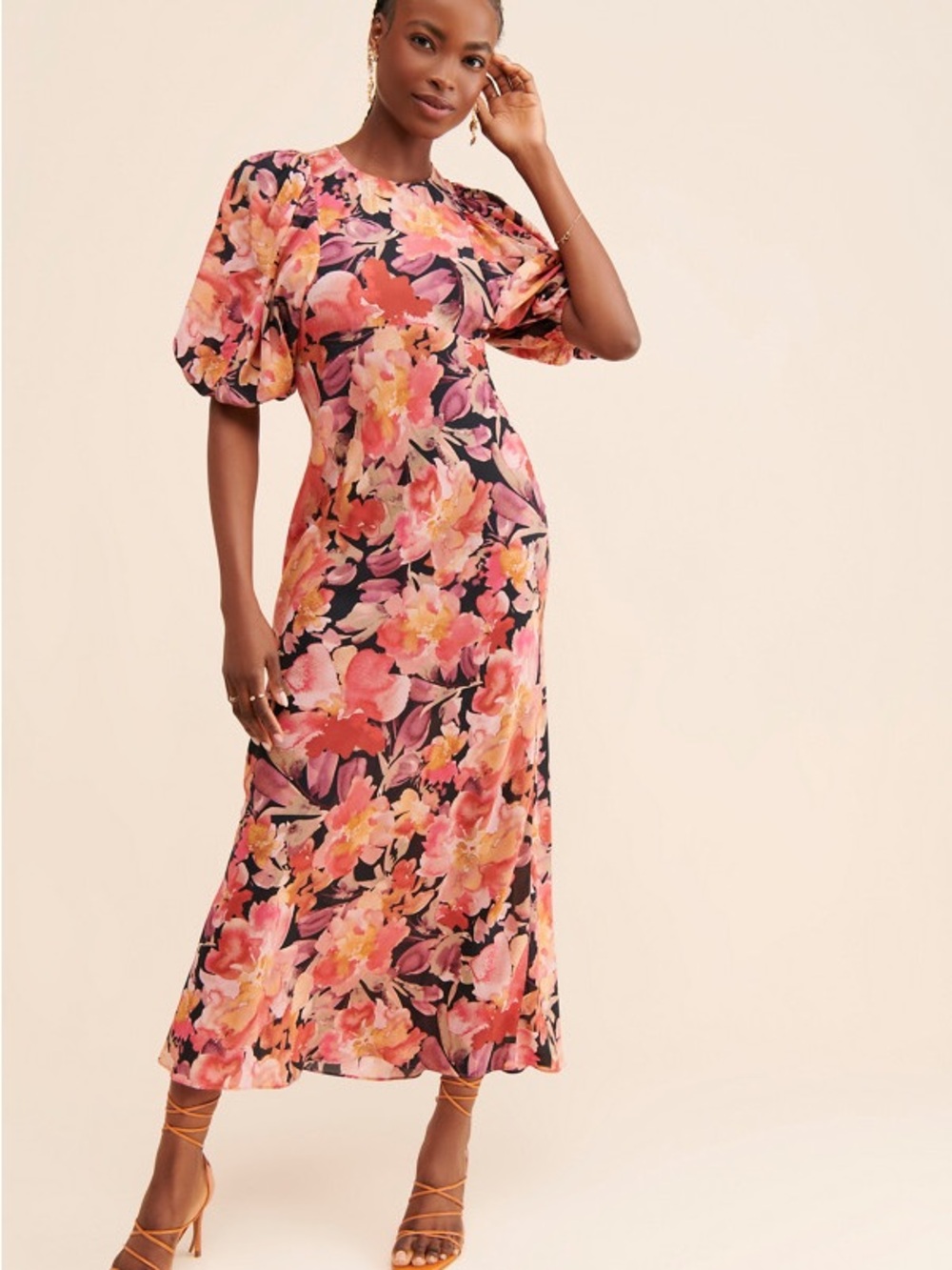 Floral Pink & Black Maxi Dress with Puff Sleeves